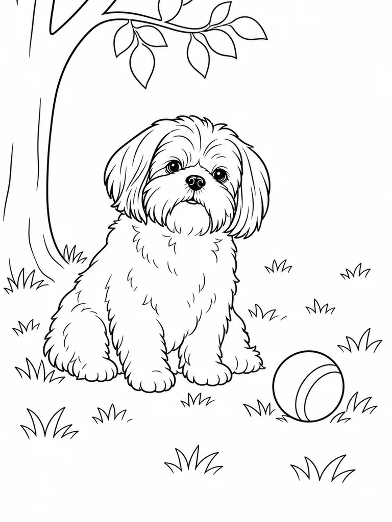 A Little Shih Tzu sits under a tree near a round ball on the grass.