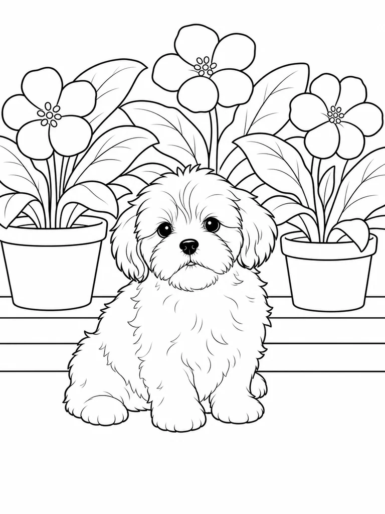 Among broad leaves and large blossoms, a Shih Tzu Puppy sits in front of nursery pots.