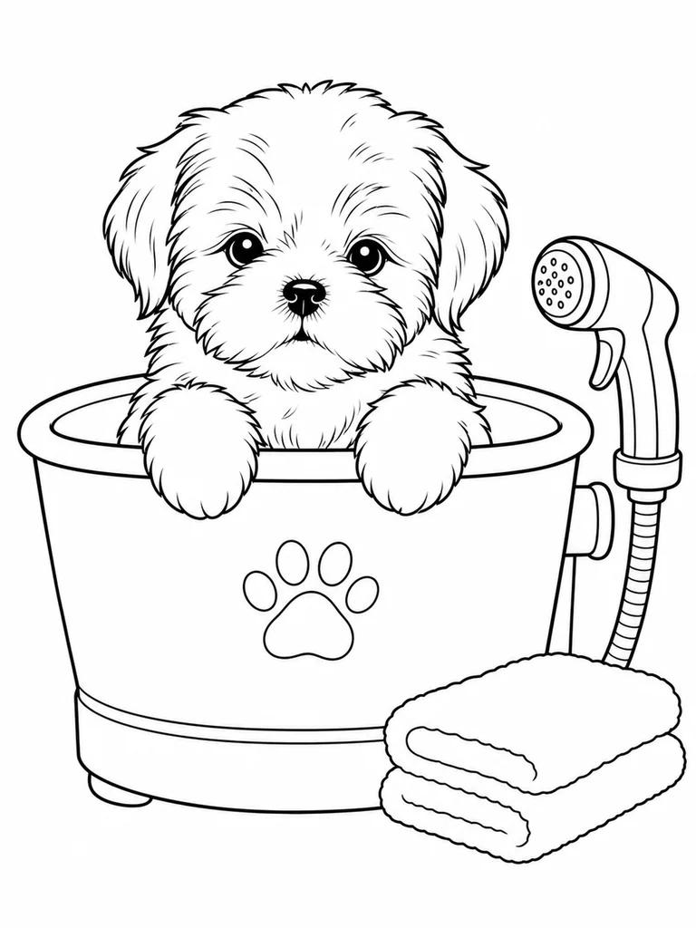 Inside a pet wash tub, a Shih Tzu Puppy rests its paws on the rim near a sprayer and towel.