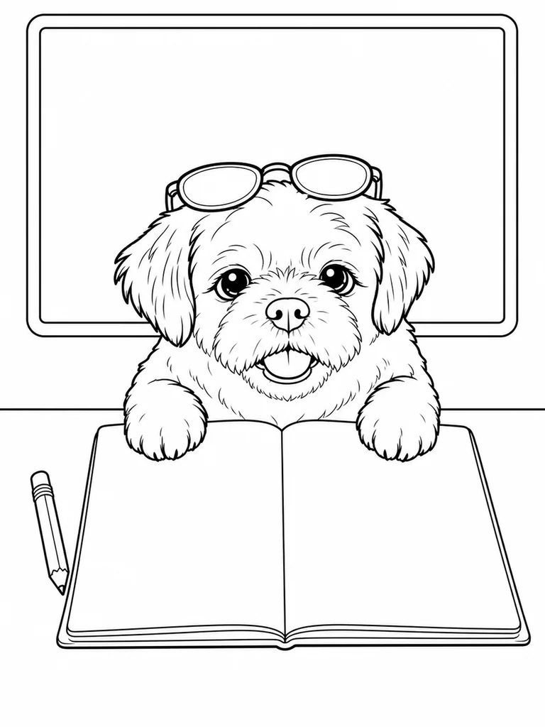 Behind an open notebook, a Shih Tzu Puppy leans forward with glasses on its head.