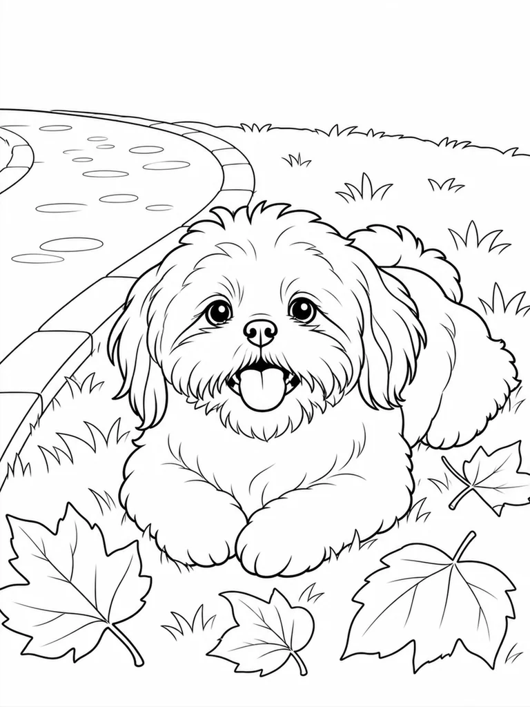 A Little Shih Tzu lies beside a curved park path with broad fallen leaves around it.