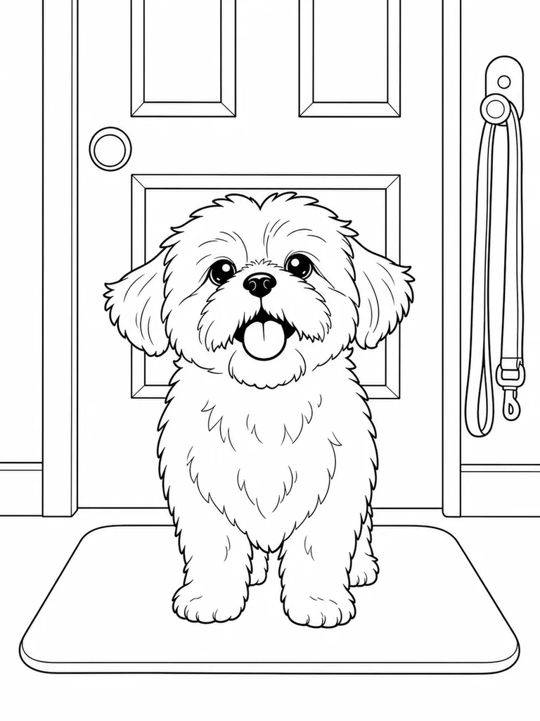 A Little Shih Tzu stands on a doormat near a hanging leash and front door panels.
