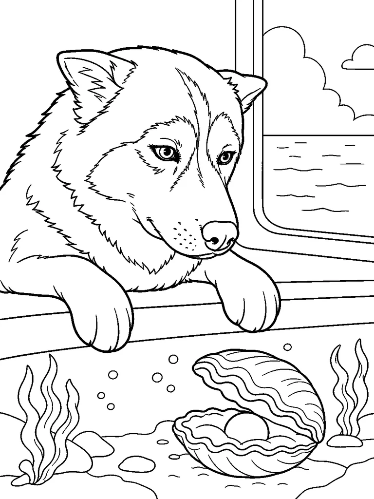 This printable line art features a curious Siberian Husky leaning over a window ledge to watch an open clam below.