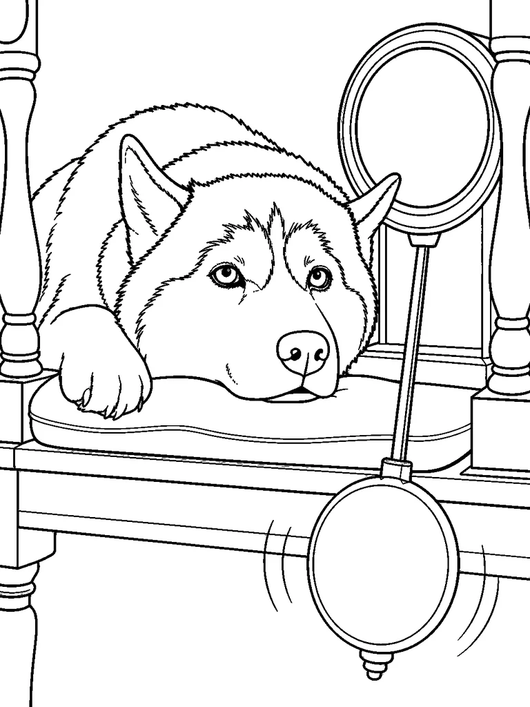Beside a large swinging pendulum, a Siberian Husky rests its head and paw on a padded ledge.