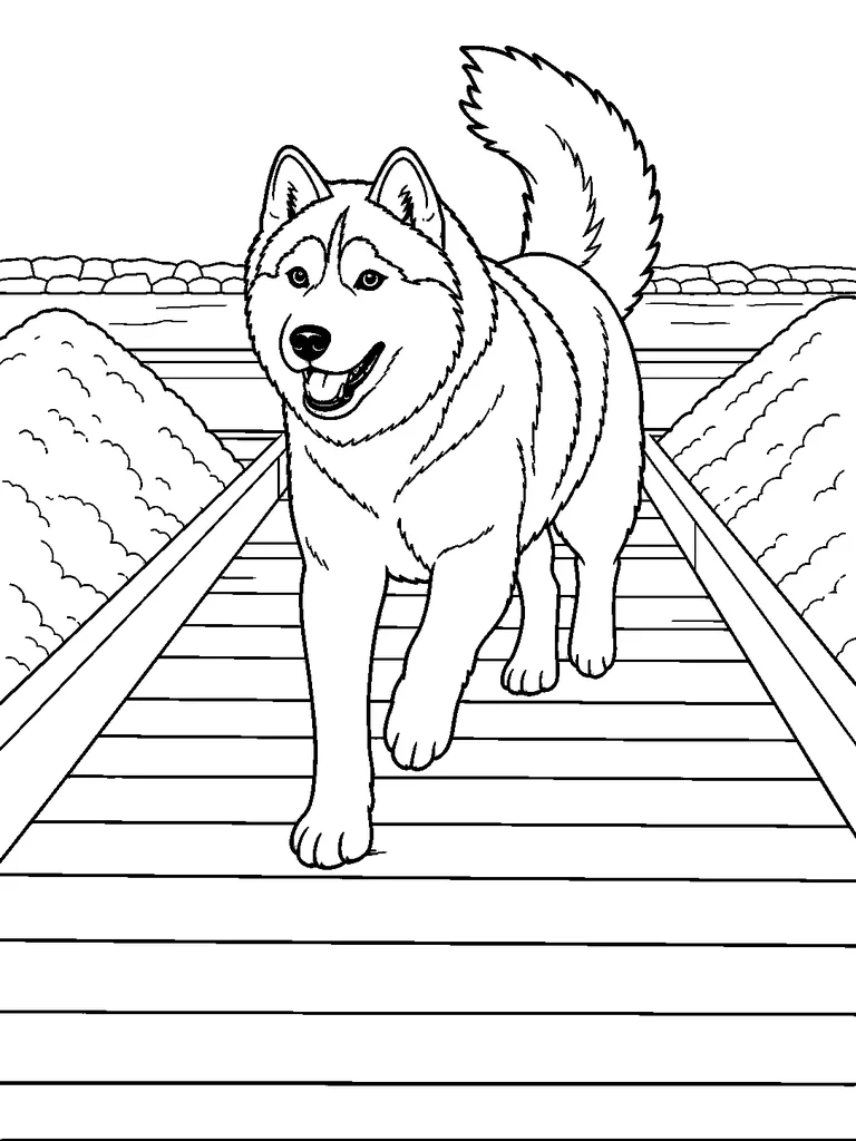 A cheerful Siberian Husky walks toward the viewer between salt piles on a wooden walkway.
