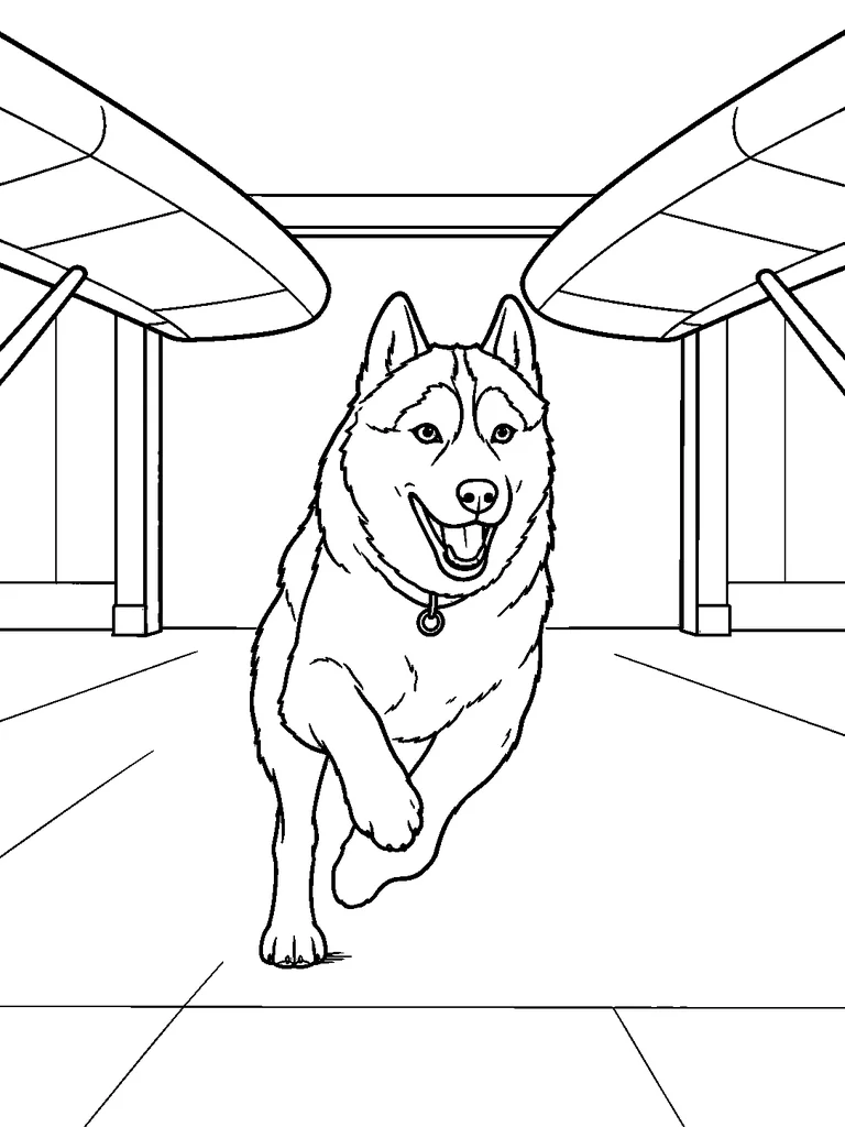 This printable coloring sheet features a Siberian Husky running beneath the wings of a glider inside a hangar.