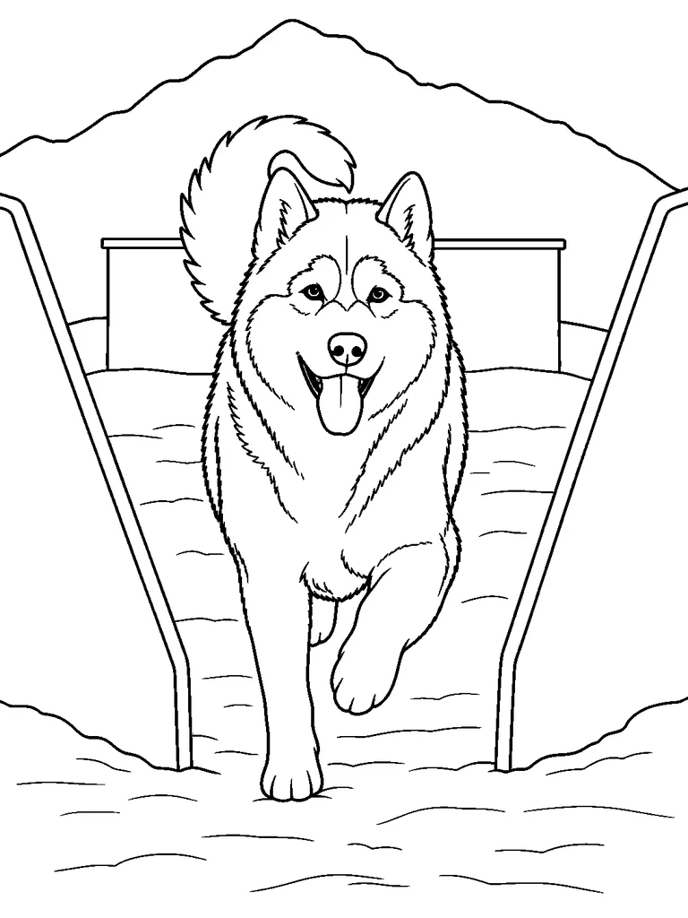 A Siberian Husky runs straight through two angled snow barriers with a mountain behind it.
