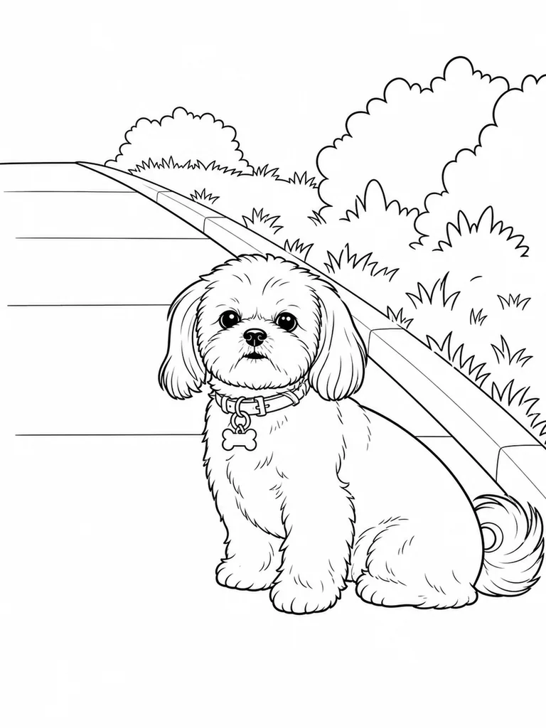 On a neighborhood sidewalk, a Shih Tzu sits beside the curb and low bushes.