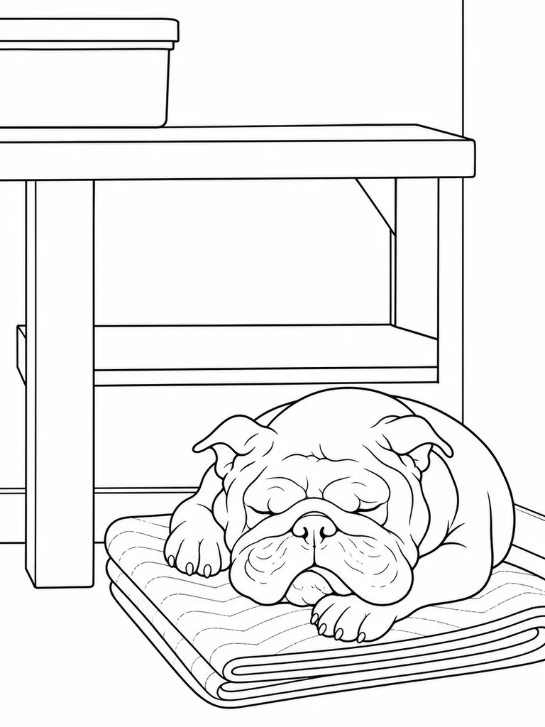 This printable coloring page features a sleeping English Bulldog curled on a folded mat beneath a workbench.