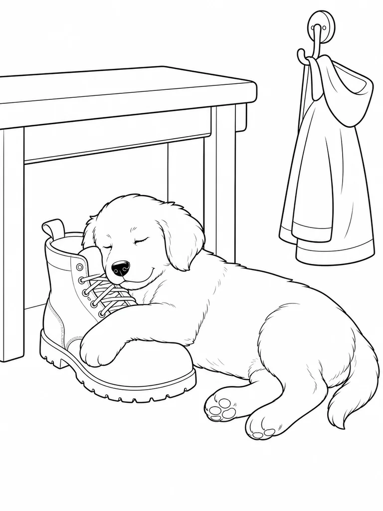 Under a utility bench, the Golden Retriever sleeps with one paw draped over a large work boot on this coloring sheet.