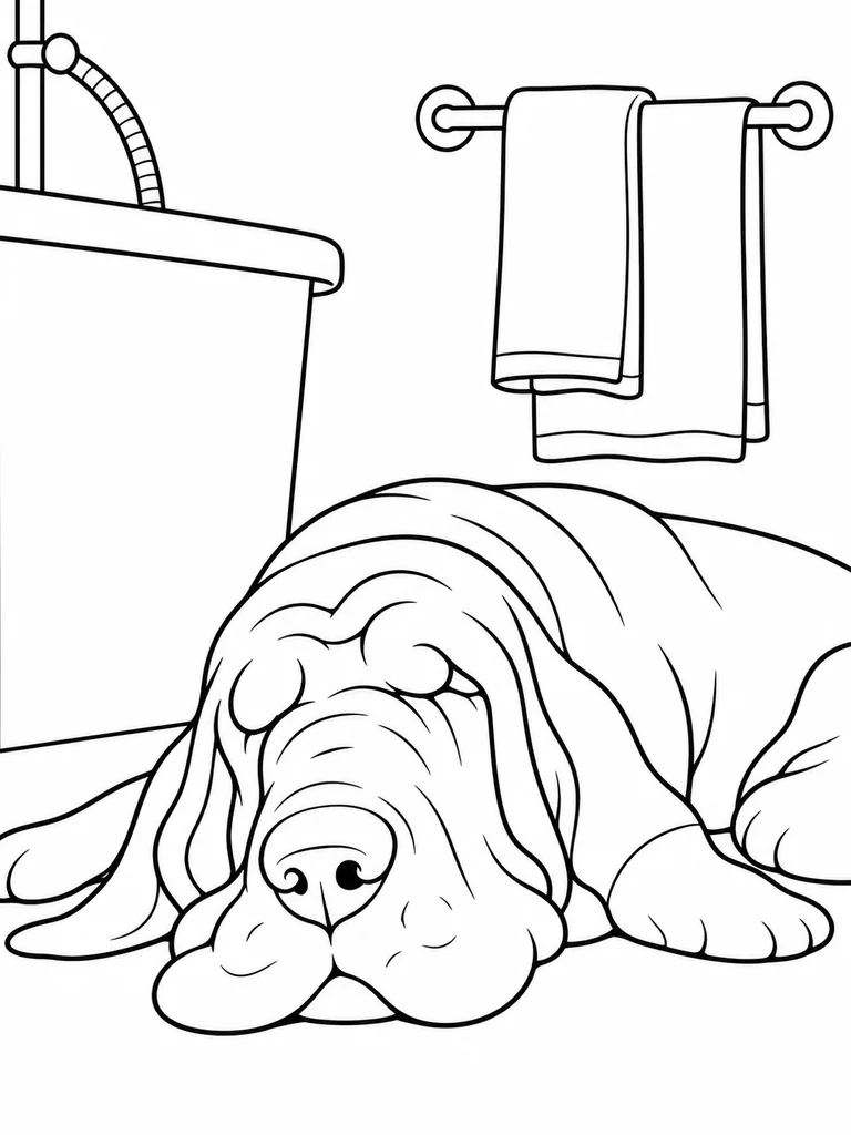 Near the grooming tub, a Scent Hound rests its head on the floor below a towel rack.