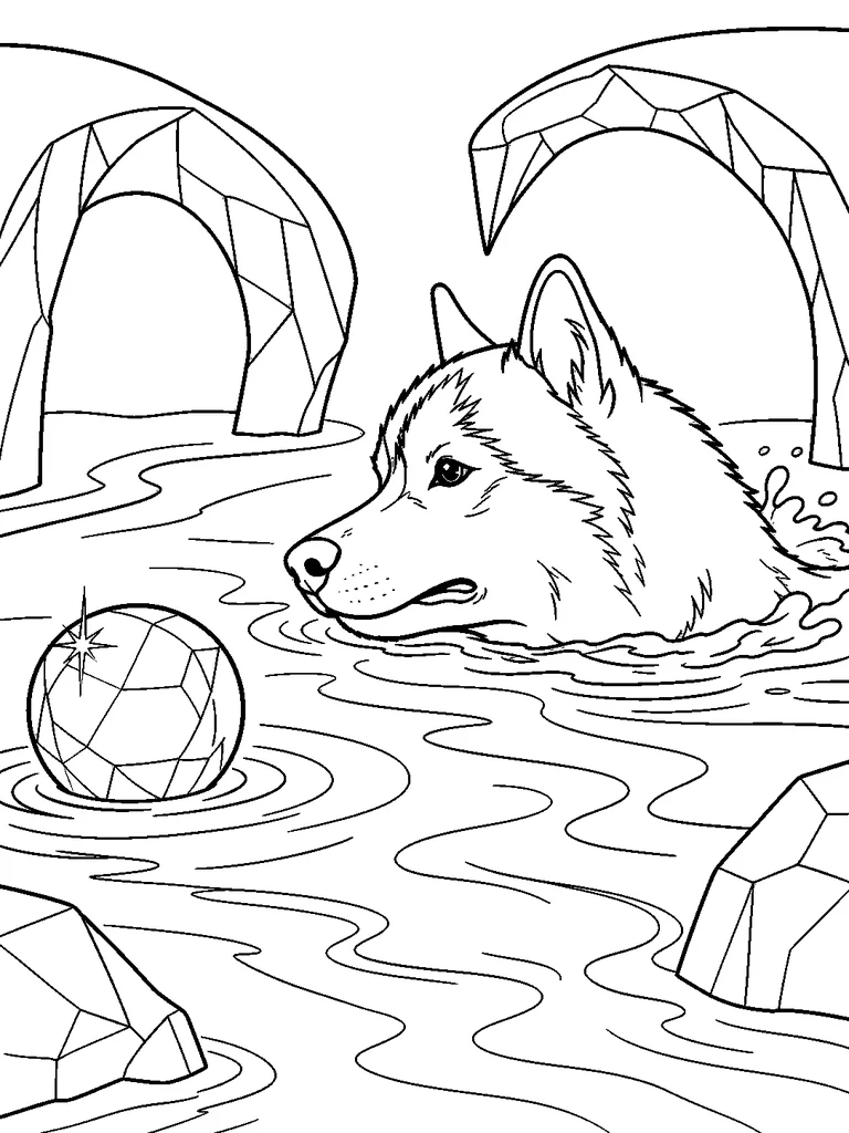 Swimming between crystal-like ice arches, a Siberian Husky follows a faceted ball through the water.