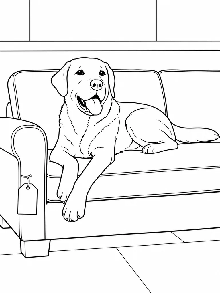 A smiling Lab Dog relaxes on a display sofa with a blank tag hanging nearby.