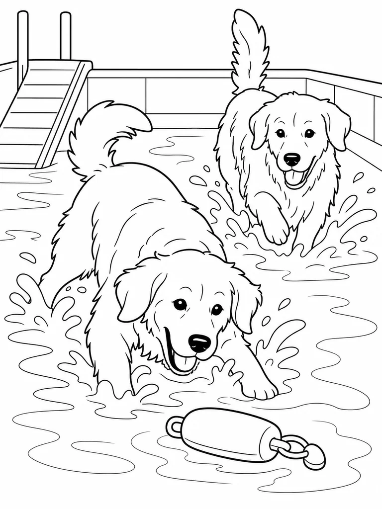 Two Retrievers splash through a shallow pool while reaching for a floating toy.