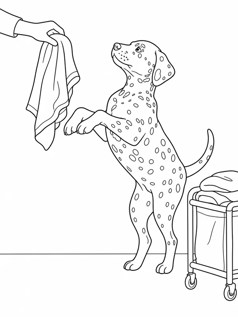 In a grooming room, a Spotted Dalmatian stands up to receive a towel.