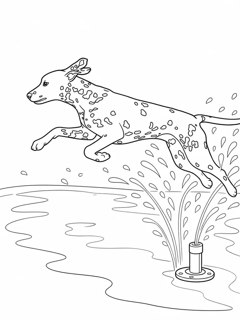 A Spotted Dalmatian jumps through a splash pad with water spraying nearby.
