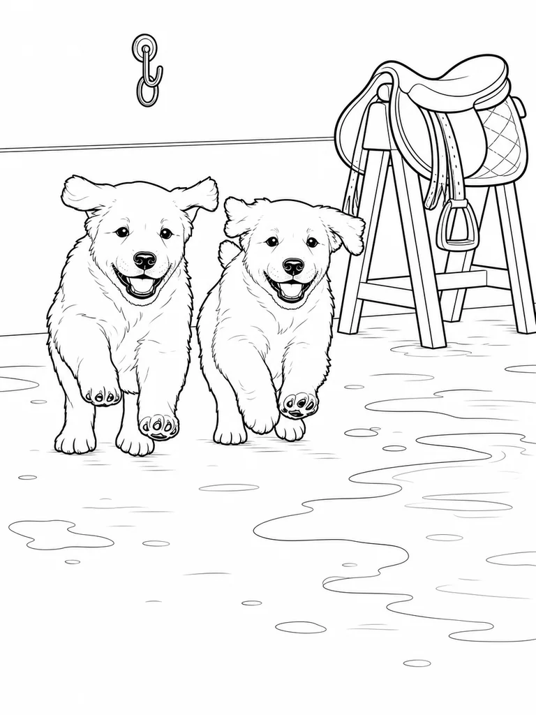 Across a stable wash bay, two Golden Pups run side by side with a saddle stand behind them.