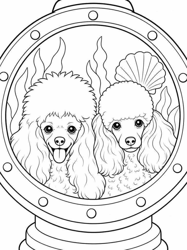 Through a round underwater observation window, two Poodles look outward with seaweed and a shell behind them.
