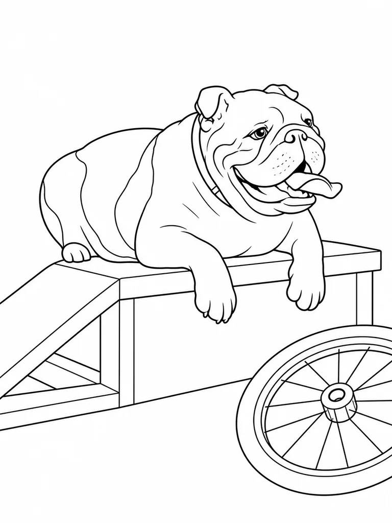 Beside a bicycle wheel, an English Bulldog rests on a low platform with its front paws hanging over the edge.