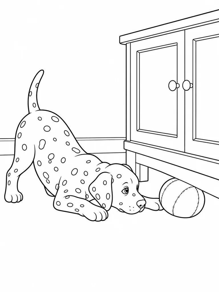 A Little Dalmatian crouches low near a cabinet and reaches toward a ball.