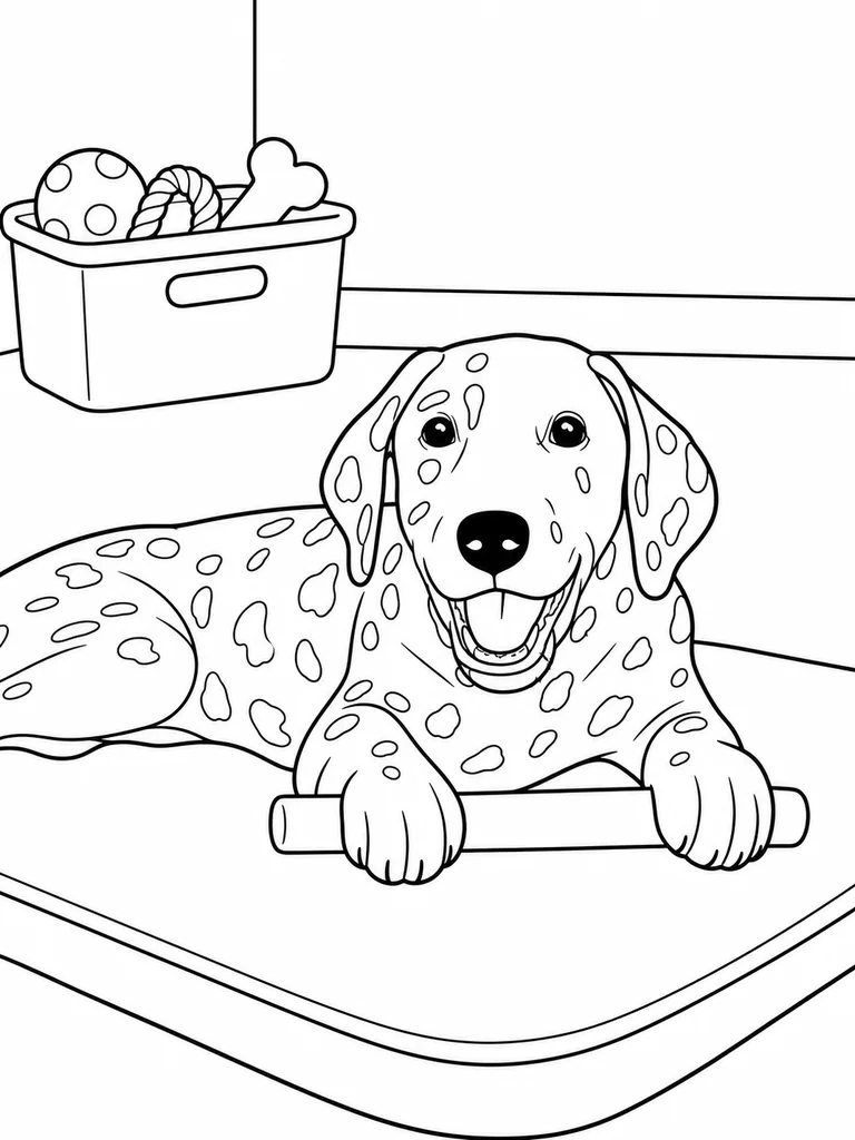 On a training mat, a Dalmatian rests with a chew bar between its paws.