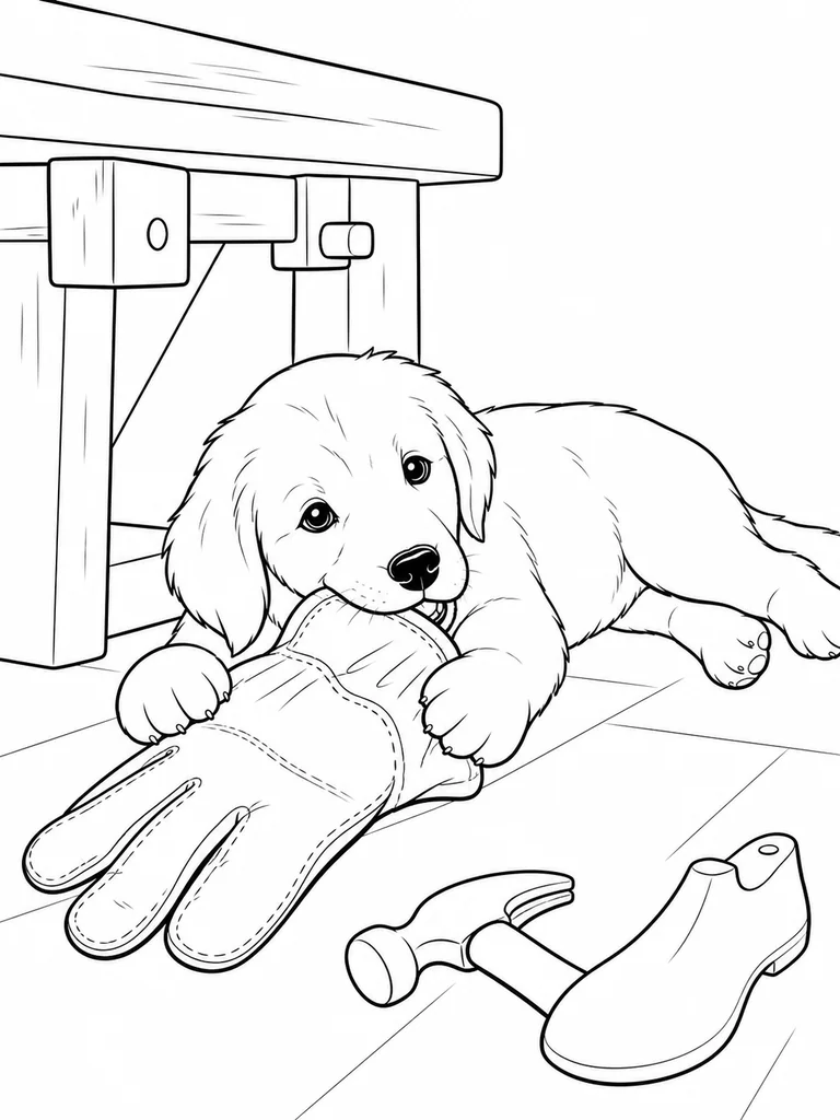 Holding a large work glove between its paws, the Golden Retriever lies under a cobbler’s bench.