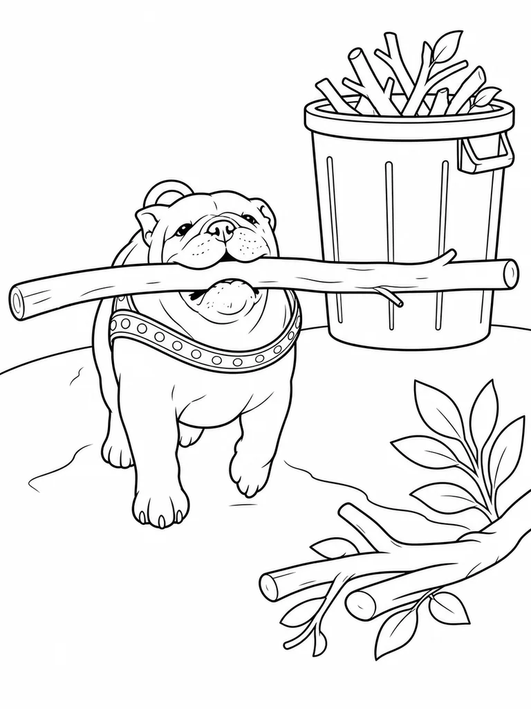 Holding a long branch across its mouth, a Bulldog walks toward a garden waste bin.