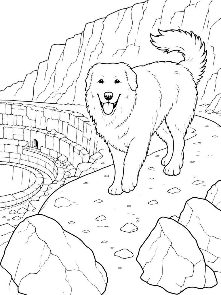 On the curved rim of an old lime kiln, a happy Great Pyrenees walks toward the viewer.