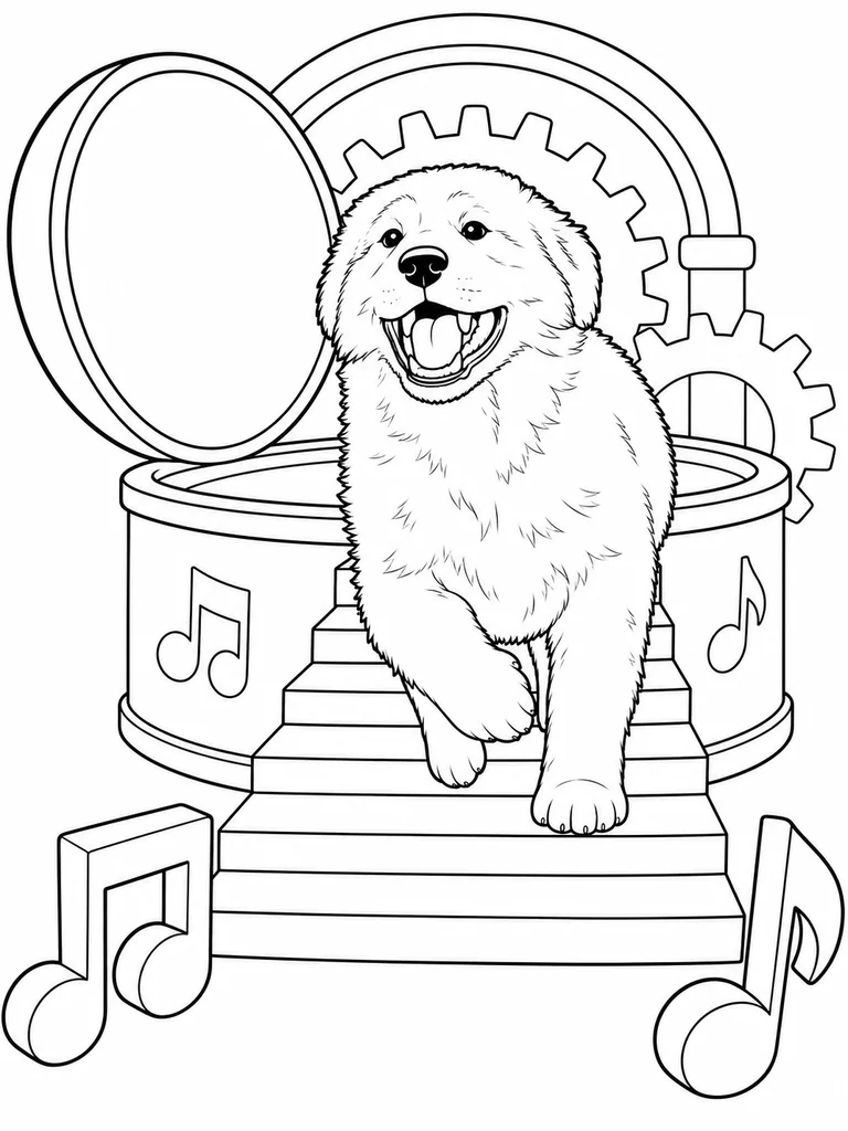 A smiling Great Pyrenees puppy trots down the steps of an open music box, surrounded by oversized notes and gears.