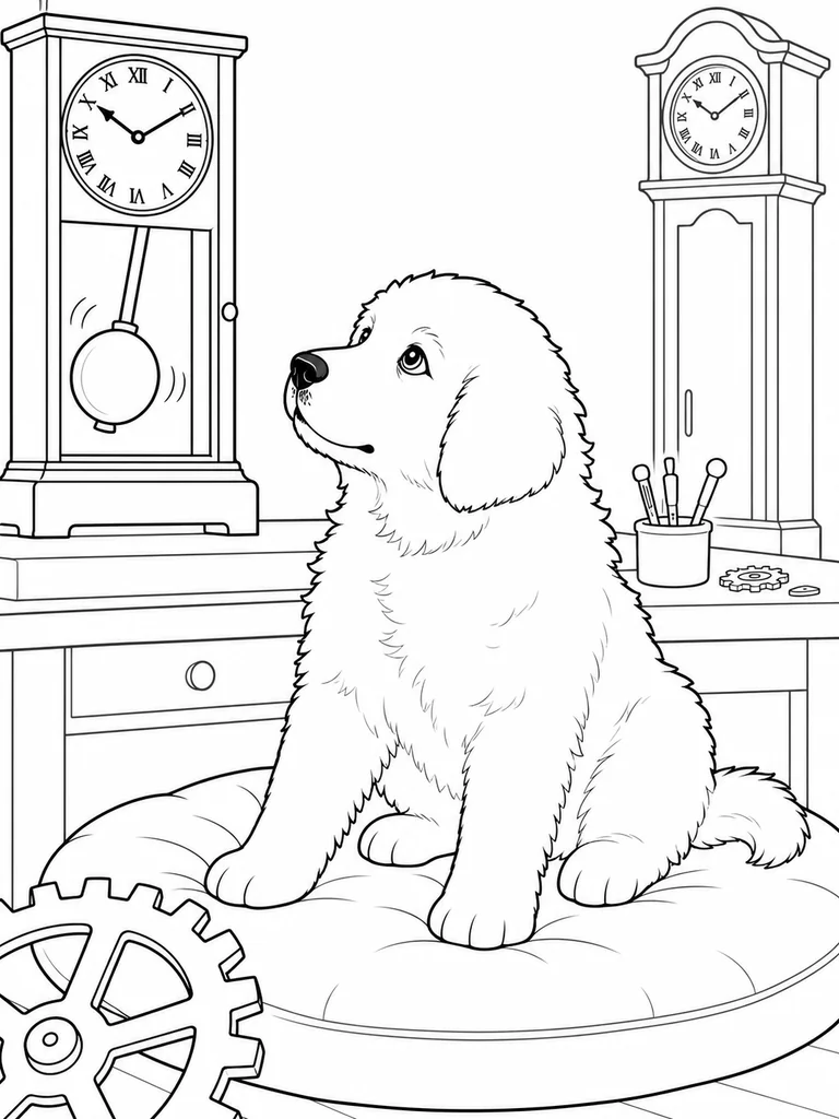 From a round cushion in a clock repair shop, a curious Great Pyrenees puppy gazes up at a swinging pendulum.