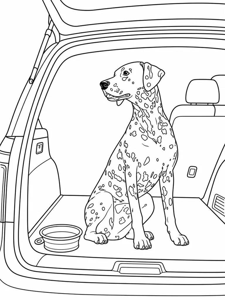 Inside an open car trunk, a Dalmatian sits beside a travel water bowl.