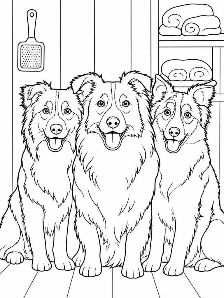 Three Aussie Shepherds sit shoulder to shoulder below towels and a grooming brush.