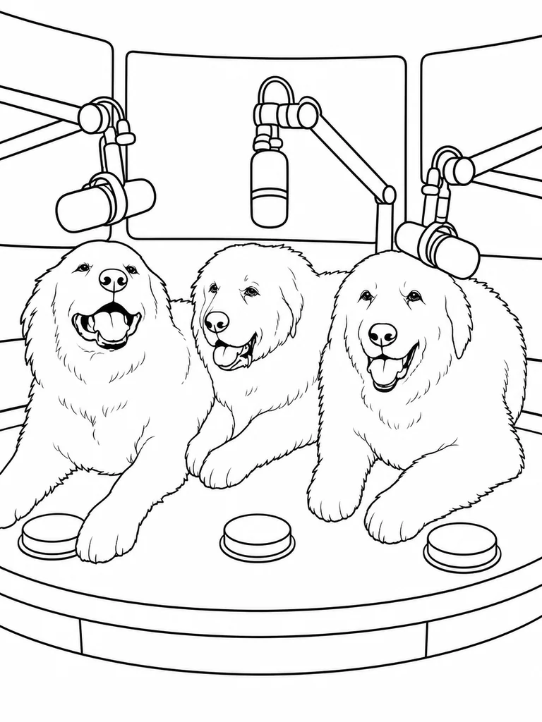 Three happy Great Pyrenees lie side by side at a curved radio desk beneath suspended studio microphones.
