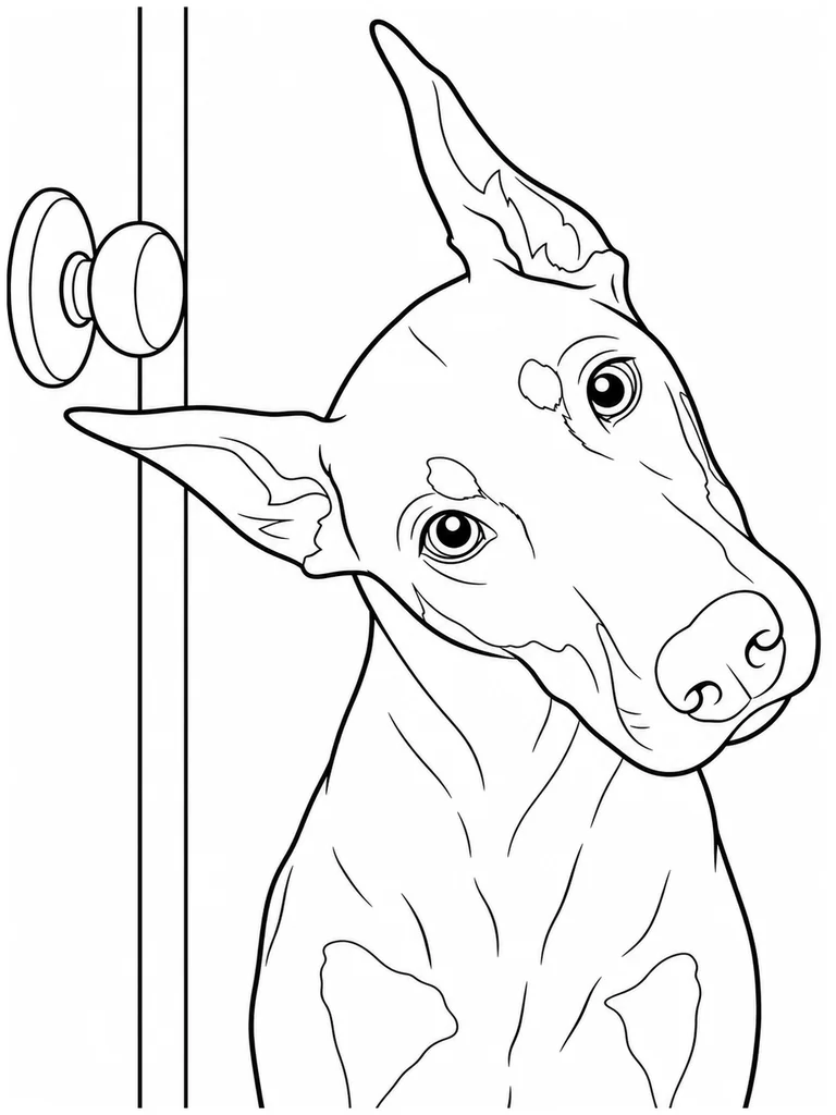 A tilted head Doberman listens beside a plain door handle in the entryway.