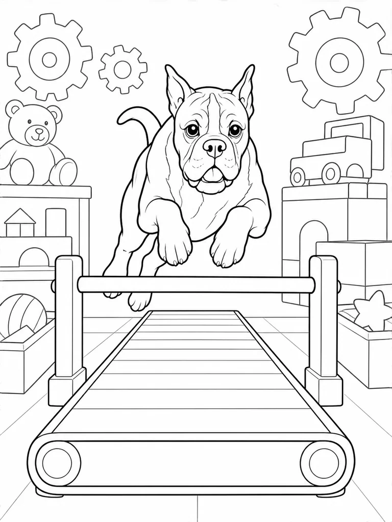 This printable line art shows a Boxer Dog jumping over a bar above a conveyor belt in a toy workshop.