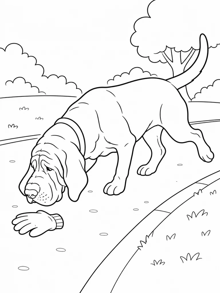 A Tracker Hound follows a scent on a park path toward a single fallen glove.