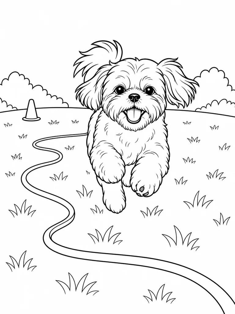 A Shih Tzu runs toward the viewer across a lawn with a loose training line.