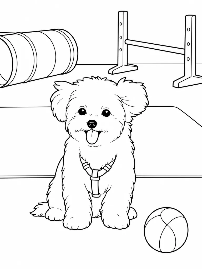 In a simple training room, a Maltese Puppy sits near a soft ball and practice equipment.