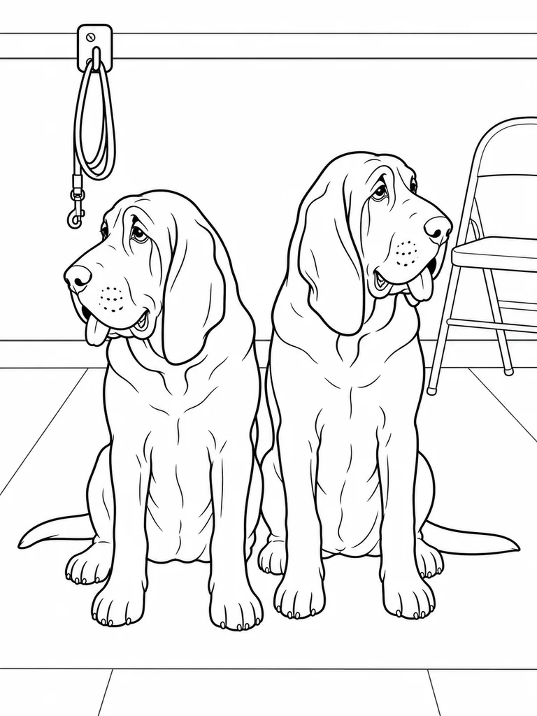 Two Bloodhounds sit together in a training room with a leash hook and folding chair behind them.