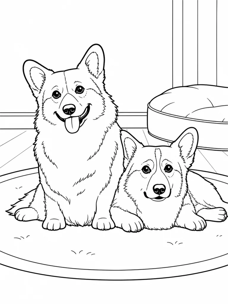 Two Corgis rest close together on a rug with a soft pet bed behind them.