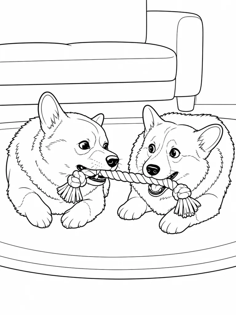 Two Corgis lie on a rug and tug the same rope toy in the living room.
