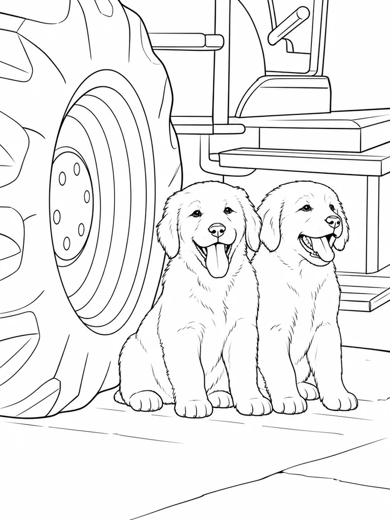 Two Golden Pups sit beside a large tractor tire and step board inside a farm shed.