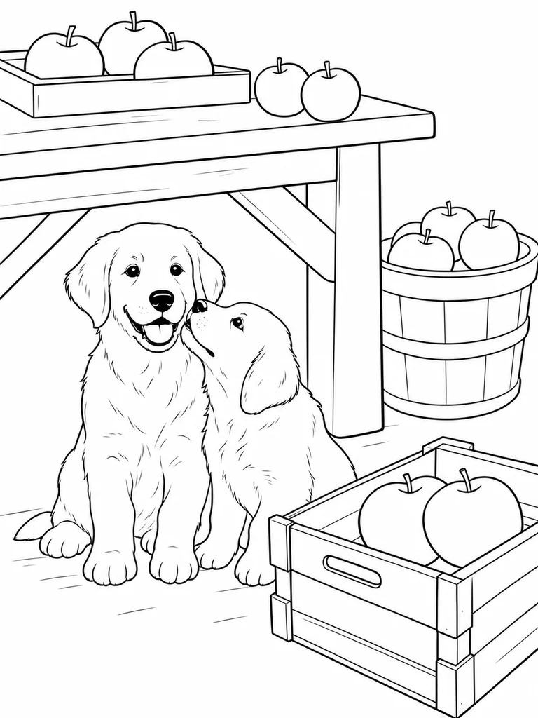 Two Golden Pups sit close together beneath an apple table as one nuzzles the other.