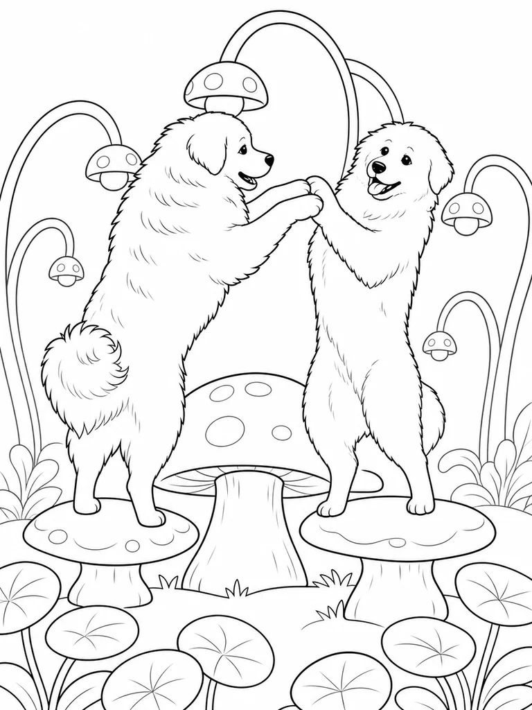Two Great Pyrenees balance on separate mushroom platforms and touch front paws in a playful woodland scene.