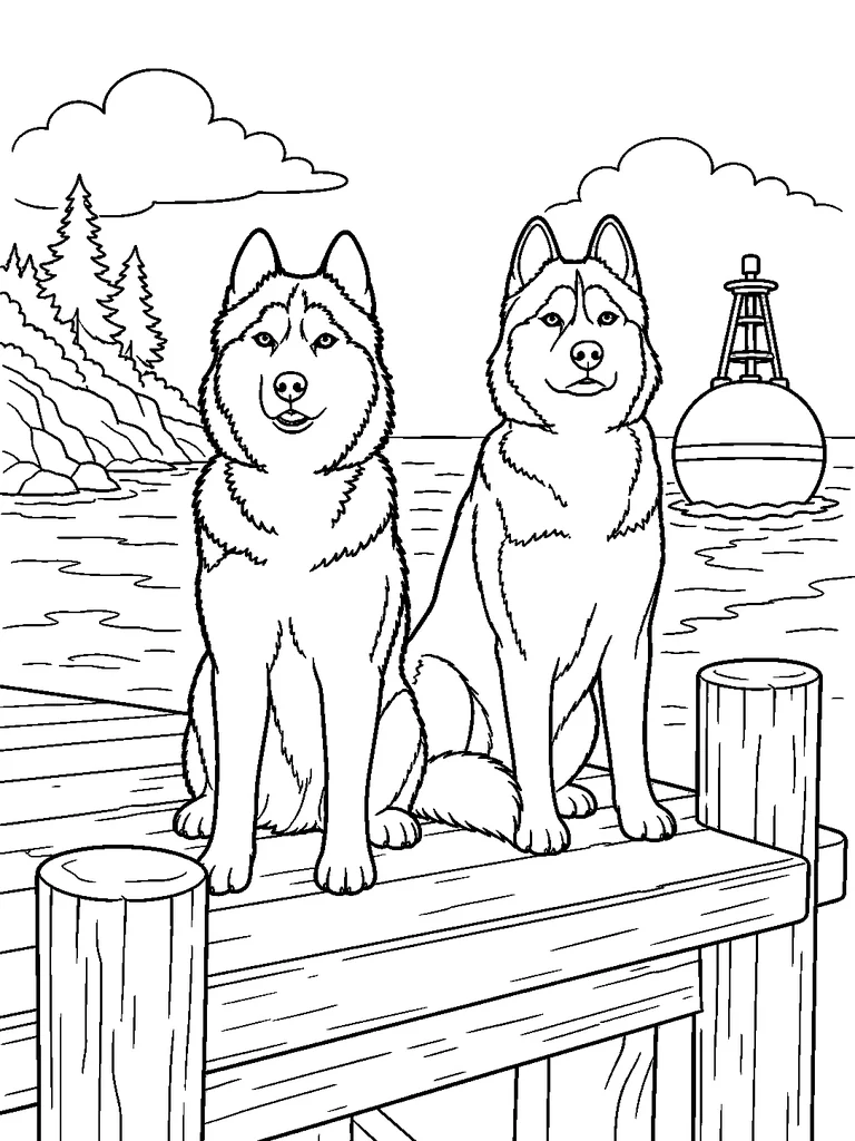 This coloring sheet shows two Siberian Huskies sitting together on a seaside dock near a buoy.