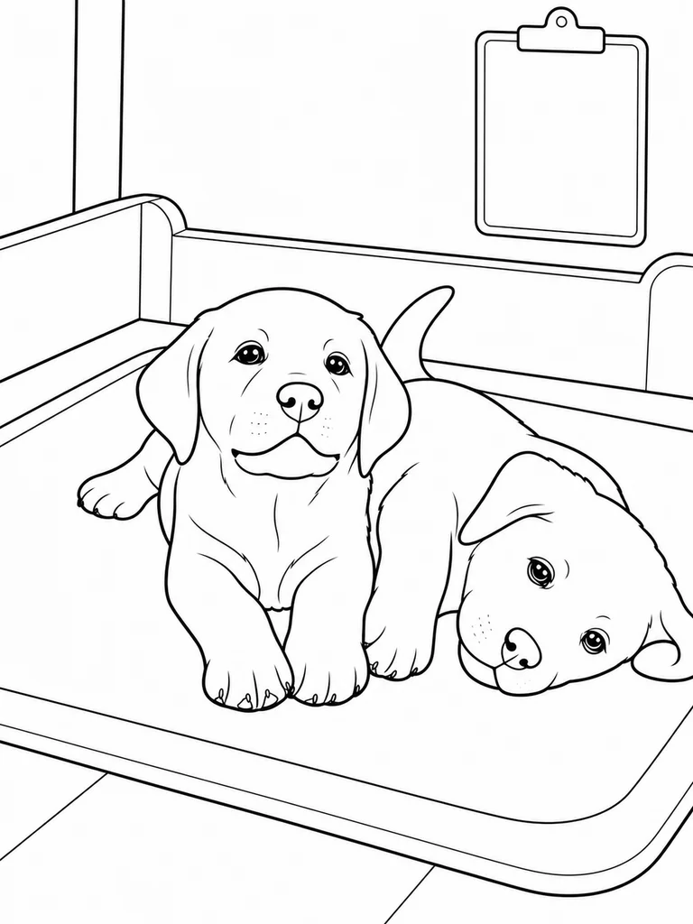 Two little Labradors lie close together on a soft rest mat near a blank clipboard.