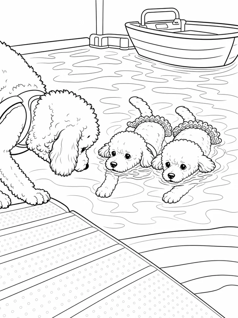 Two Poodle puppies paddle toward a textured dock ramp while an adult Poodle waits at the pool edge.
