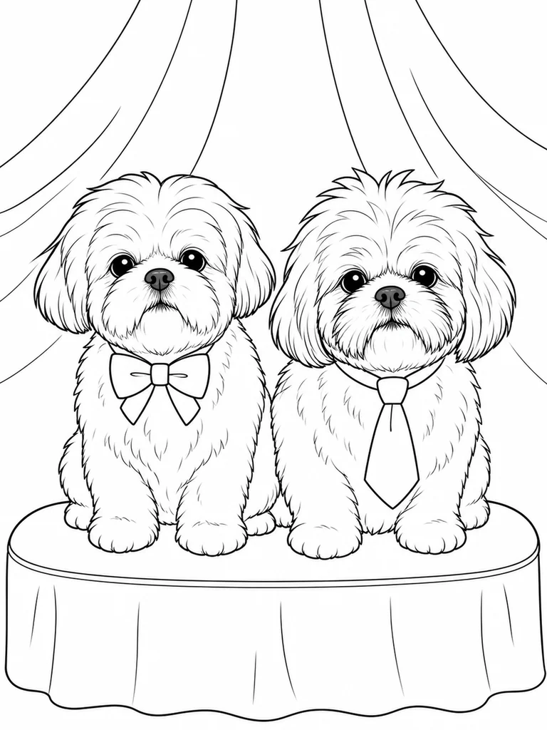 Two Shih Tzu sit side by side on a draped bench in front of soft curtains.