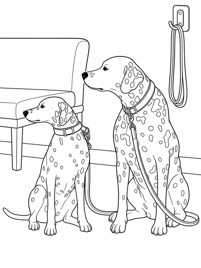 Two Spotted Dalmatians sit together near a bench and hanging leash.