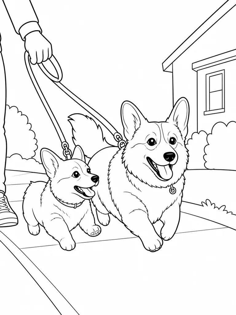 Two Welsh Corgis move along a sidewalk while their leashes lead to a hand.